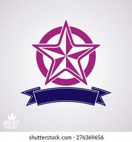 Stylized corporate branding icon, clear eps8 symbol. Vector simple pentagonal star with decorative ribbon, isolated on white background.