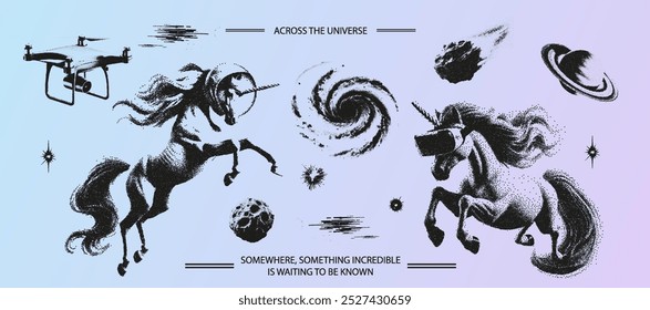 Stylized Cosmic Adventure Illustration Featuring Futuristic Unicorns Flying Through Space, Wearing VR Glasses, Surrounded by Drones, Asteroids, and Galaxies, with Stippling Effect, Noise, and Dot Text