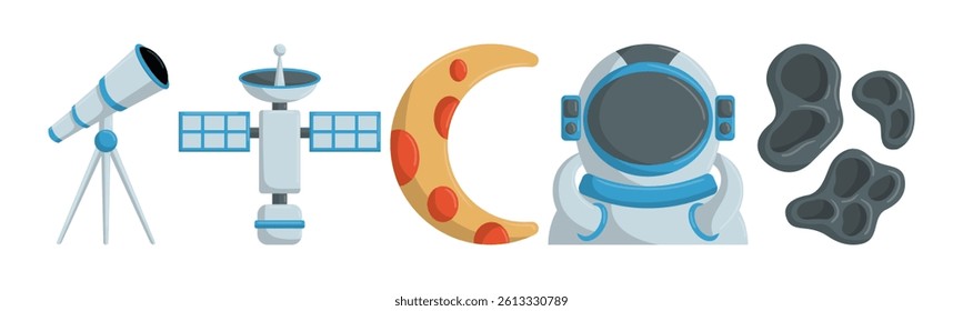 Stylized cosmic exploration elements arranged in a vector illustration. It includes astronaut, telescope, satellite, moon and craters, perfect for illustrating concepts of space and discovery.
