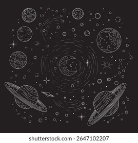 Stylized cosmic illustration featuring planets, stars, constellations, and a crescent moon, all in white outline on a black background
