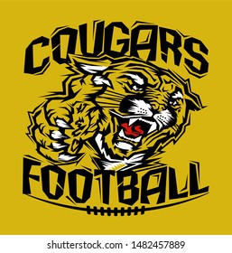 stylized cougars football team design with mascot head for school, college or league