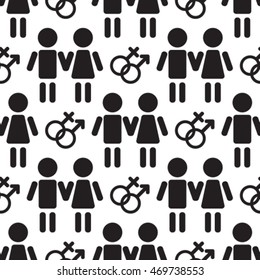 Stylized couple silhouettes with gender symbol. Seamless pattern.