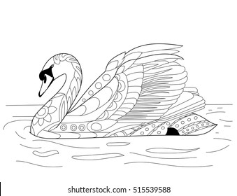 Stylized couple of swan. Freehand sketch for adult anti stress coloring book page with doodle and zentangle elements.