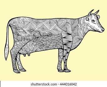 Stylized Cow. Cattle. Animal. Line Art. Black And White Drawing By Hand. Decorative Bull. Zentangle. Tattoo.