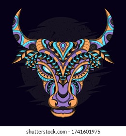 Stylized cow in ethnic vector dark background