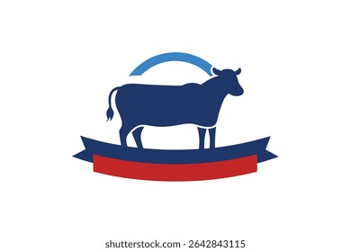 A stylized cow figure stands atop a ribbon-like base, all enclosed within a circular frame, suitable for logo or icon use.