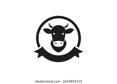 A stylized cow illustration features a neck ribbon, presented within a circular frame, suitable for a logo or icon design.