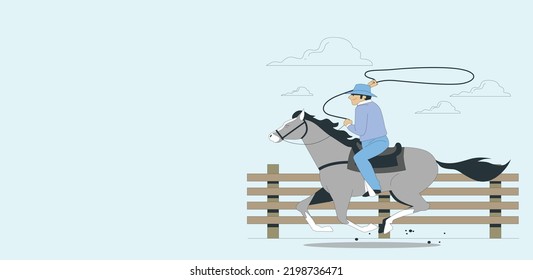 Stylized cowboy riding a horse and roping. Cowboy rides a horse and throws a lasso. Cowboy on the rodeo. Vector silhouette illustration. Cowboy practicing her equestrian sport with his horse. svg
