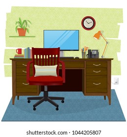 Stylized and cozy home office scene. Wooden desk and chair with with computer and office supplies, lamp, houseplant and clock. Flat style with perspective, minimal detail, texture and shadow.