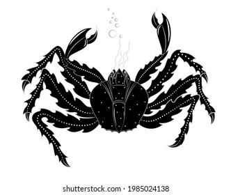 Stylized crab, Kamchatka crab with a beautiful precious shell. Black silhouette isolated on white background. Vector illustration.