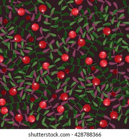 Stylized cranberry on a dark brown background. Cranberry seamless pattern. Perfect for wallpaper, wrapping paper, textile and package design. Vector illustration