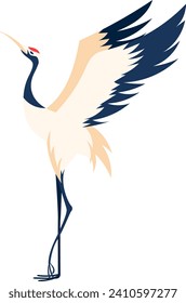 Stylized crane bird vector illustration with elegant long legs and spread feathers. Graceful wildlife graphic element, nature theme design.