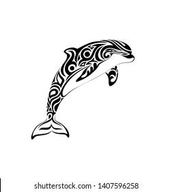 Stylized creative vector illustration of a dolphin tattoo in tribal style on black and white background