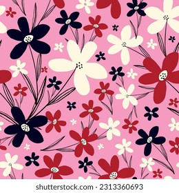 Stylized creative vibrant quirky expressive floral pattern in 60s in bright pink and red juicy colors