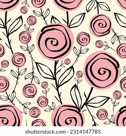 Stylized creative vibrant quirky expressive floral pattern in 60s in bright pink and red juicy colors