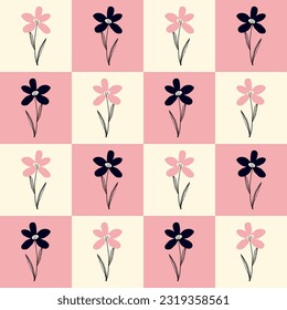 Stylized creative vibrant quirky expressive floral pattern in 60s in bright pink and red juicy colors