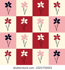 Stylized creative vibrant quirky expressive floral pattern in 60s in bright pink and red juicy colors