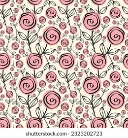 Stylized creative vibrant quirky expressive floral pattern in 60s in bright pink and red juicy colors