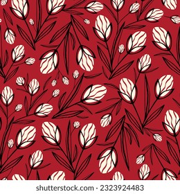 Stylized creative vibrant quirky expressive floral pattern in 60s in bright pink and red juicy colors