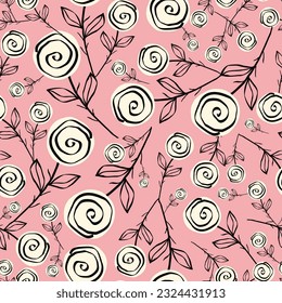 Stylized creative vibrant quirky expressive floral pattern in 60s in bright pink and red juicy colors