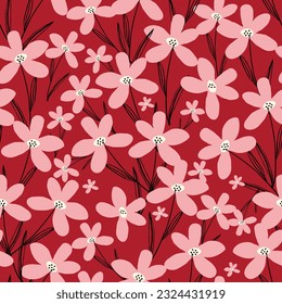 Stylized creative vibrant quirky expressive floral pattern in 60s in bright pink and red juicy colors