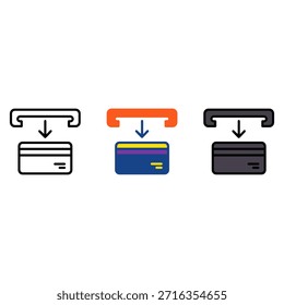 Ilustrações de inserção de cartão de crédito estilizado
Três cartões de crédito ou débito mostrados inserindo leitores de cartão com setas para baixo. Cada placa tem cores distintas e detalhes de chip.