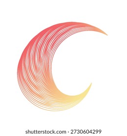 Una luna creciente estilizada o forma abstracta formada por numerosas líneas delgadas y paralelas. Las líneas cambian de color de rojo y naranja a amarillo, creando un efecto de degradado suave.