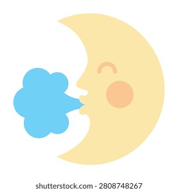 A stylized crescent moon character blowing a blue puff of cold air, representing wind, weather patterns, or a chilly night breeze. Ideal for climate or weather apps.