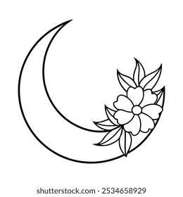 A stylized crescent moon filled with vibrant flora