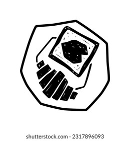 Stylized croissant on a plate. Top view, vector, hand-drawing sketch.