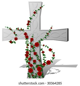Stylized cross gravestone vector illustration with roses