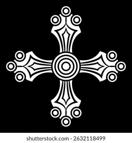 Stylized cross shape. Ethnic medieval European design. Religious Christian symbol. Black and white silhouette.