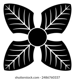 Stylized cross shape four petals flowers. Folk style. Black and white silhouette.