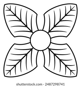 Stilisierte Kreuz Form vier Blütenblätter Blüten. Folk-Stil. Lineare Silhouette in Schwarzweiß.