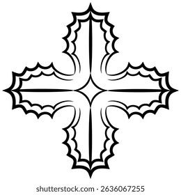 Stylized cross shape. Geometrical square decorative element. Black and white linear silhouette.