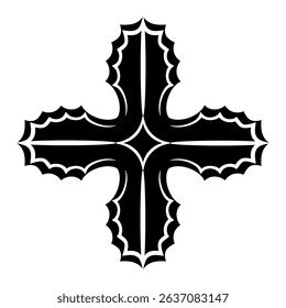 Stylized cross shape. Geometrical square decorative element. Black and white silhouette.