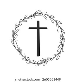 Stylized cross surrounded by a circular wreath design suitable for religious themes and events. T-shirt logo vector
