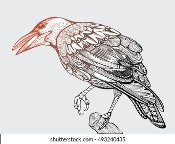 Stylized crow. Decorative bird. Zentangle.