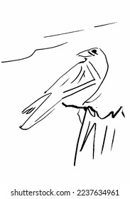 Stylized, crow looking in sky. ink simplified. 2d drawing