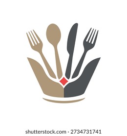 A stylized crown icon featuring a fork, spoon, and knife in gold and dark gray, with a red accent, set against a pure white background.
