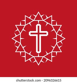 Stylized crown of thorns with cross emblem. Flat isolated Christian vector illustration, biblical background.
