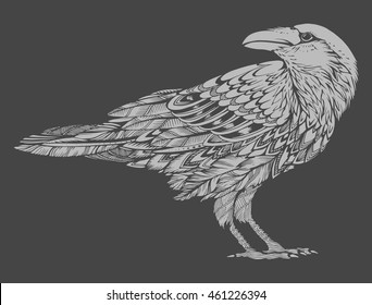 Stylized crows. Decorative bird. Line art. Rook. Black and white drawing by hand. Doodle. Zentangle. Tattoo. Graphic arts.