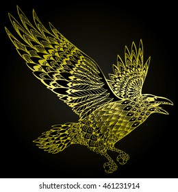 Stylized crows. Decorative bird. Line art. Rook. Black and white drawing by hand. Doodle. Zentangle. Tattoo. Graphic arts. Flying rook. Raven. Magpie. Golden Raven. Metal Crow. Logo.