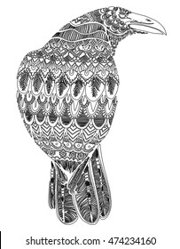 Stylized crows. Decorative bird. Line art. Rook. Black and white drawing by hand. Doodle. Zentangle. Tattoo. Graphic arts.