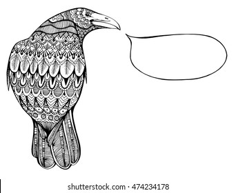 Stylized crows. Decorative bird. Line art. Rook. Black and white drawing by hand. Doodle. Zentangle. Tattoo. Graphic arts.