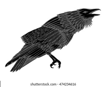 Stylized crows. Decorative bird. Line art. Rook. Black and white drawing by hand. Doodle. Zentangle. Tattoo. Graphic arts.