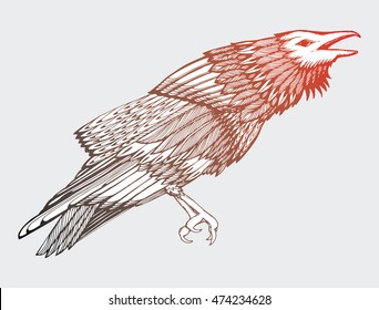 Stylized crows. Decorative bird. Line art. Rook. Black and white drawing by hand. Doodle. Zentangle. Tattoo. Graphic arts.
