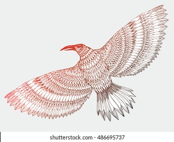Stylized crows. Decorative bird. Line art. Rook. Black and white drawing by hand. Doodle. Zentangle. Tattoo. Graphic arts. Flying rook. Raven. Magpie.