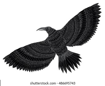 Stylized crows. Decorative bird. Line art. Rook. Black and white drawing by hand. Doodle. Zentangle. Tattoo. Graphic arts. Flying rook. Raven. Magpie.
