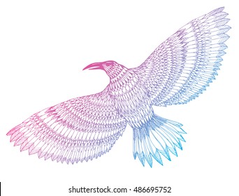 Stylized crows. Decorative bird. Line art. Rook. Black and white drawing by hand. Doodle. Zentangle. Tattoo. Graphic arts. Flying rook. Raven. Magpie.